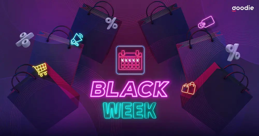 Black Week na tle torebek zakupowych